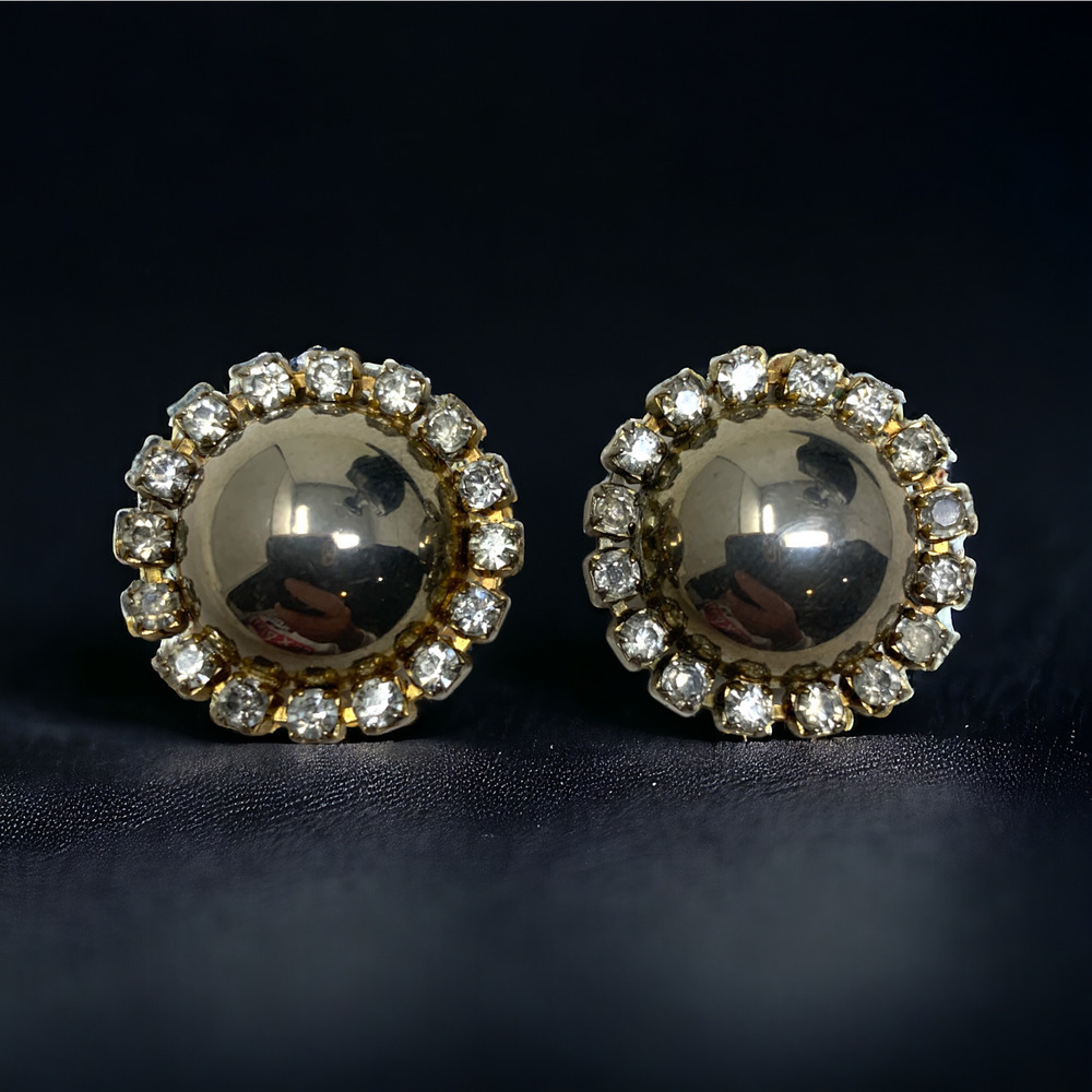 Vintage 1960s Silver Tone Cabochon Clip On Crystal Frame Earrings Couture
